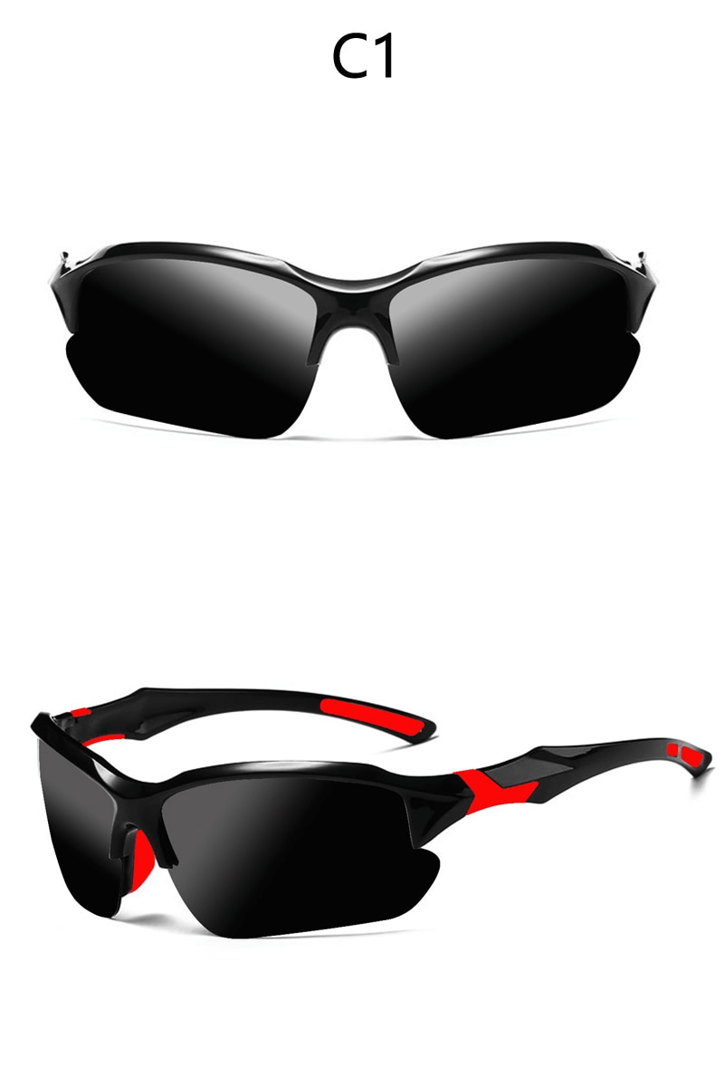 Sleek polarized sports sunglasses, black semi-rimless frames with mirrored lenses, ideal for cycling and driving. Model SF0843.